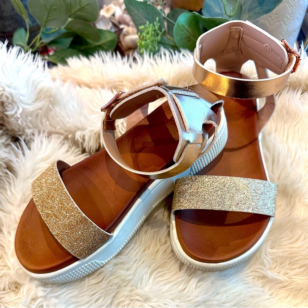 MIA "Little Ellen" Platform Sandals • Sparkle Gold and Matte Rose Gold